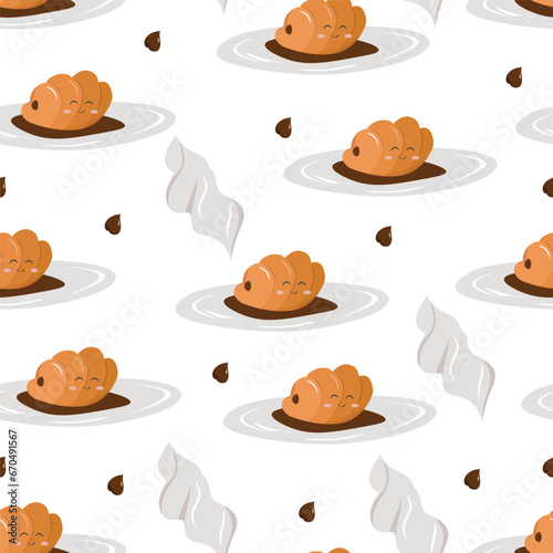 Vector kawaii croissant seamless pattern for background