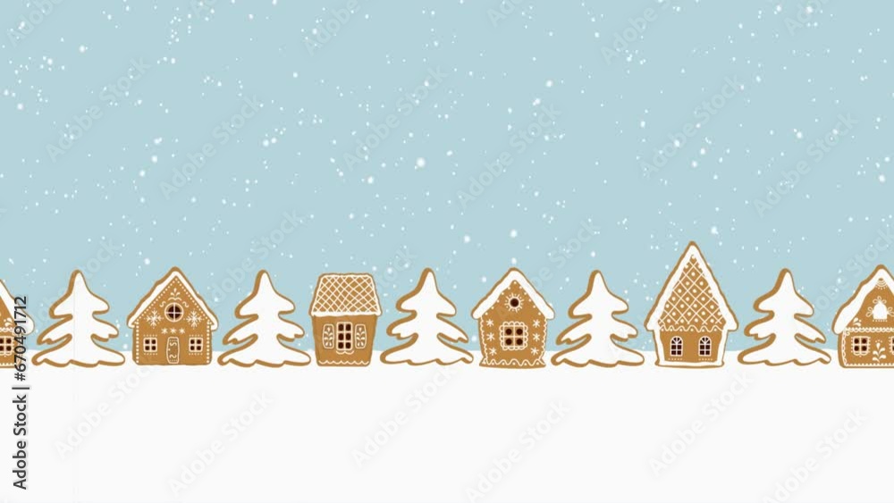Christmas animation. Gingerbread village. Fairytale winter landscape. Gingerbread houses and fir trees floating past on light blue background