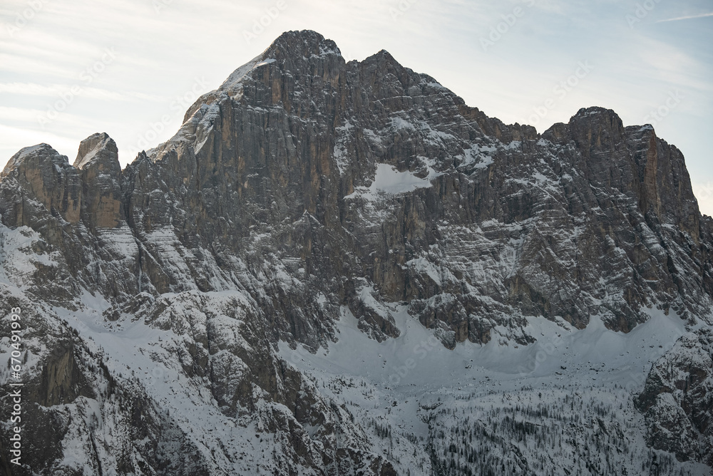 Civetta resort. Panoramic view of the Dolomites mountains in winter, Italy. Ski resort in Dolomites, Italy. Aerial  drone view of ski slopes and mountains in dolomites.