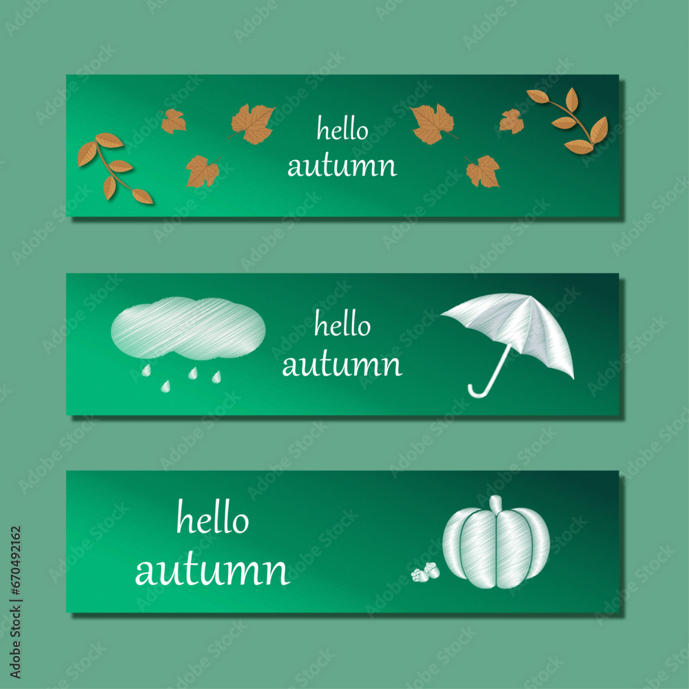 Set of elegant Autumn poster, invitation, postcards and frame leaflet, brochure cover or web banner. Vector illustration voucher template with colorful leaves