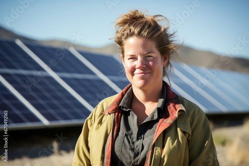 Une femme devant des panneaux solaires photo