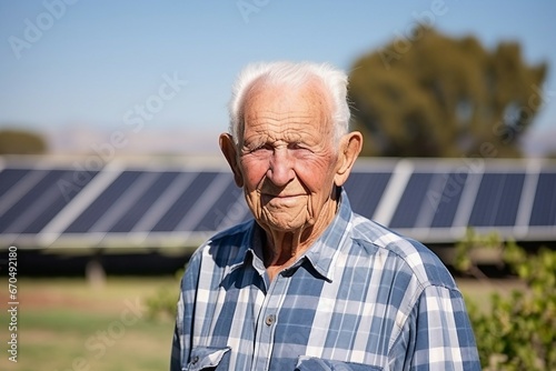Un vieil homme devant des panneaux solaires photo
