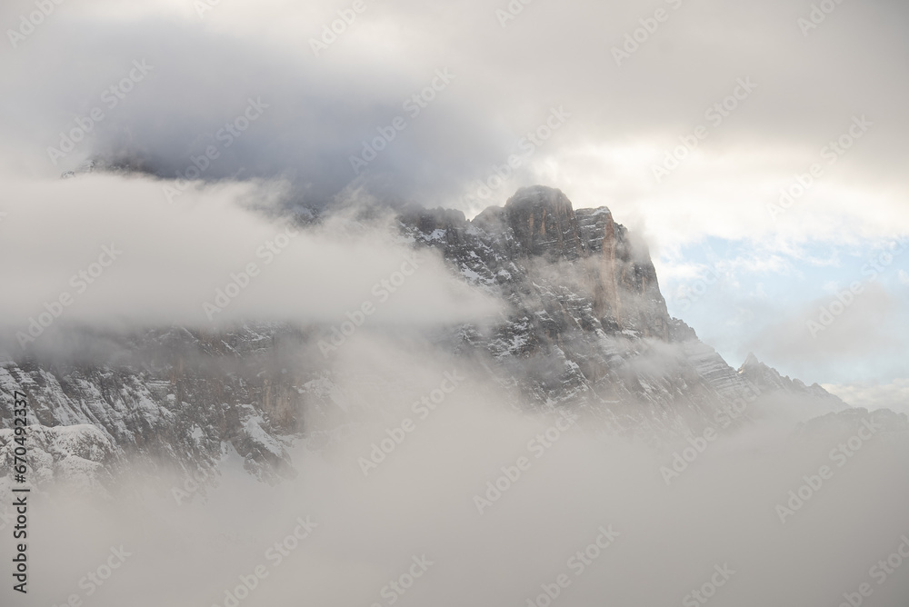 Civetta resort. Panoramic view of the Dolomites mountains in winter, Italy. Ski resort in Dolomites, Italy. Aerial drone view of ski slopes and mountains in dolomites. Civetta resort. Panoramic view of the Dolomites mountains in winter, Italy. Ski resort in Dolomites, Italy. Aerial drone view of ski slopes and mountains in dolomites.