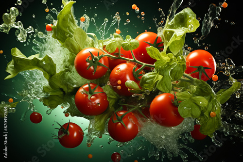 Fresh red tomatoes falling down with water splash isolated on green background. healthy concept