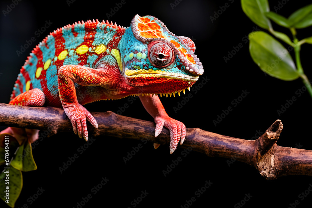 Fototapeta premium Colorful chameleon on a branch isolated on black background. 