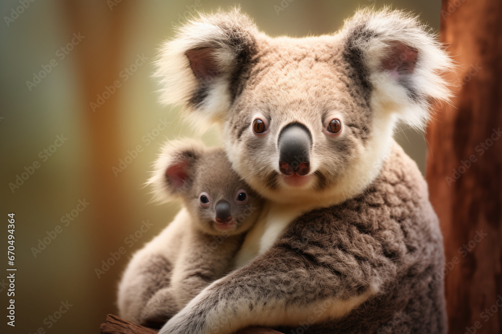 Fototapeta premium Koala mother with her baby on the background of the nature.