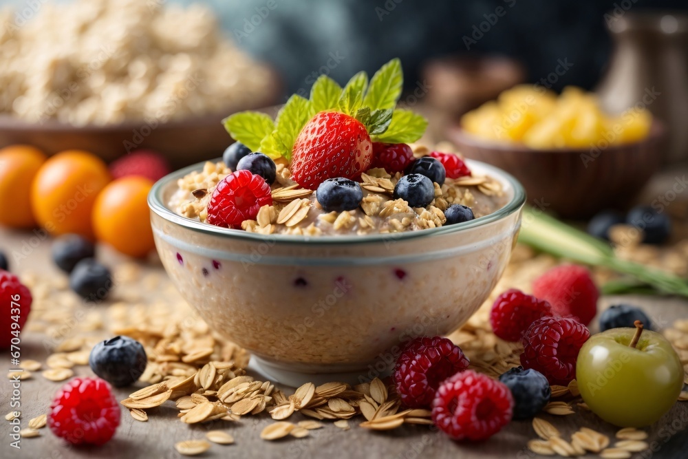 Oatmeal with fruits and berries. Healthy fitness breakfast. Proper nutrition. Healthy lifestyle concept. Generative Ai. Oatmeal with fruits and berries. Healthy fitness breakfast. Proper nutrition. Healthy lifestyle concept. Generative Ai.