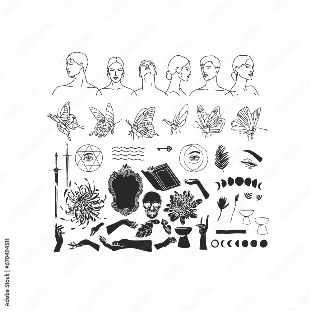 Set of vector graphic line art butterfly,moon,stars,line people silhouettes and esoteric symbols.Alchemy mystical magic elements for prints,posters,illustrations.Black spiritual occultism objects.