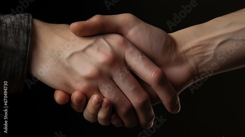 Handshake on black background Show your professionalism and trustworthiness with this powerful photo of two hands clasping in a handshake on a black background.