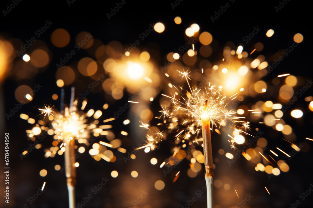Fototapeta premium Bright sparklers on a dark background, bokeh, festive atmosphere, New Year's card