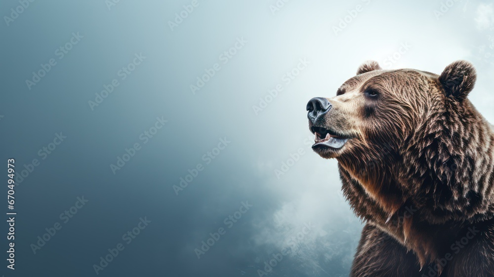 Closeup of a big grizzly bear on a light background with copy space created with Generative AI - obrazy, fototapety, plakaty 