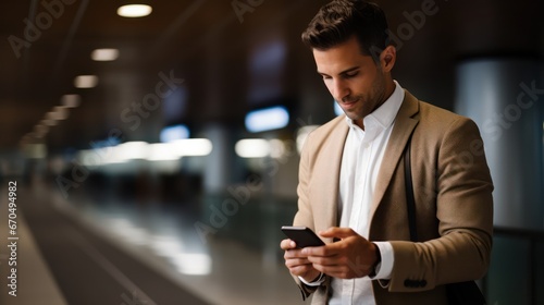 business, technology and people concept - smiling young man with smartphone in office Generative AI