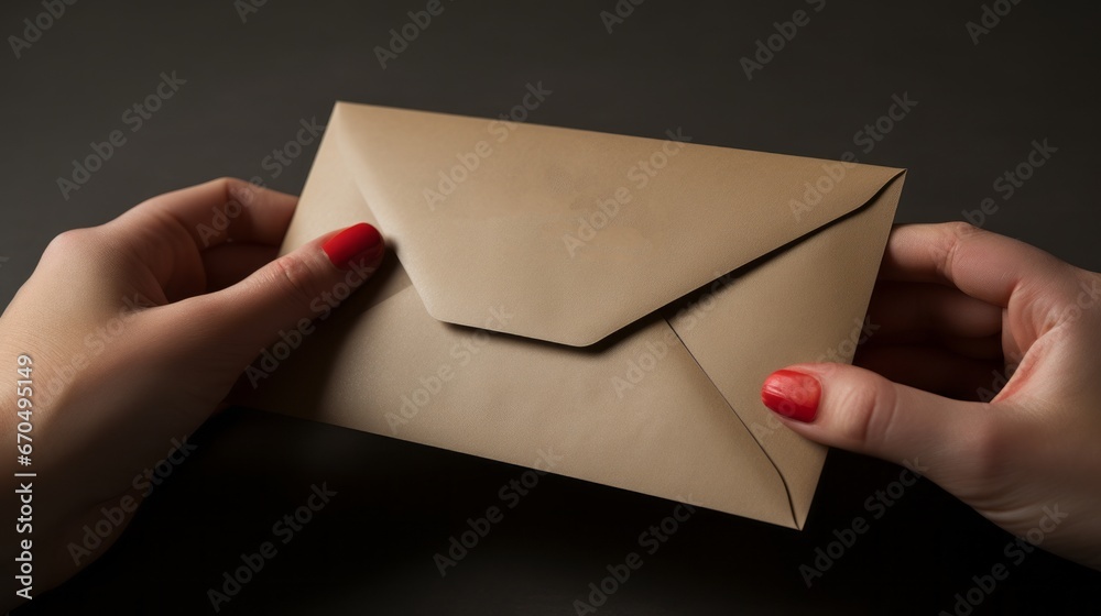 Hands holding a closed envelope Express the importance and mystery of your message with this photo of hands holding a closed envelope on a black background.