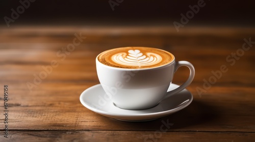 Coffee cup on wooden table with latte art in cafe Generative AI