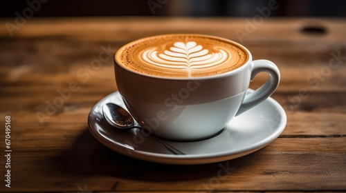 Coffee cup with latte art on the wooden table. Generative AI