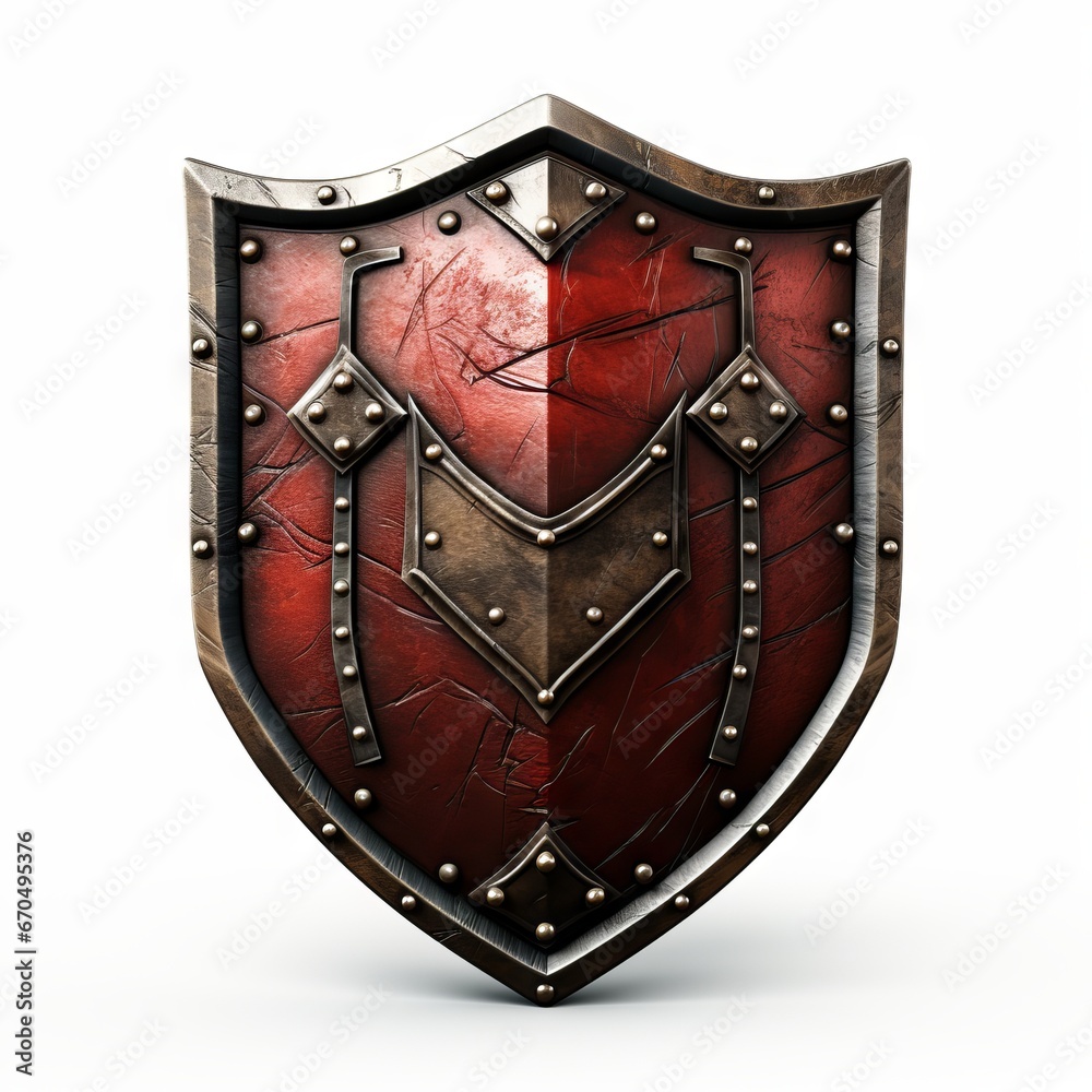 3D shield with a weathered, battle-worn appearance, isolated on white background