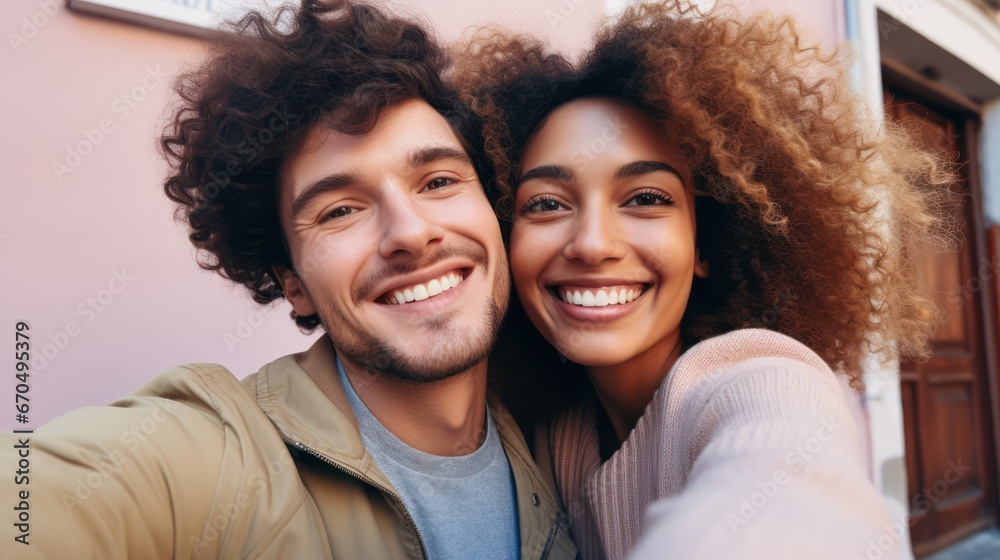 Portrait of a smiling young couple taking selfie in the city. Generative AI Portrait of a smiling young couple taking selfie in the city. Generative AI