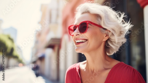 people, holidays, fashion and lifestyle concept - happy senior woman in red sunglasses over city street background Generative AI