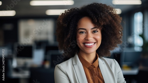 Portrait of smiling afro american businesswoman standing in office Generative AI