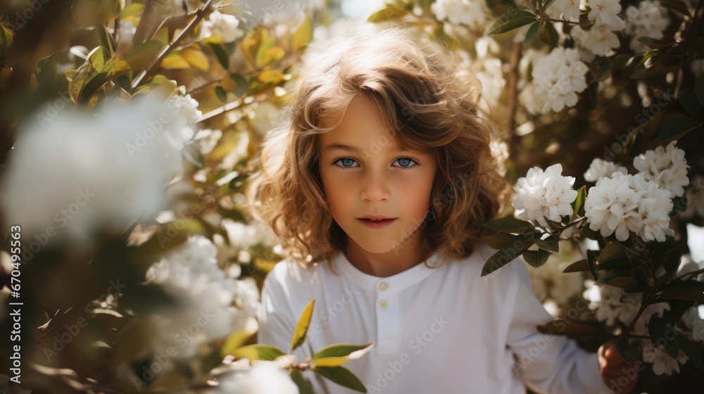 Fototapeta premium Portrait of a cute little girl with blond curly hair and blue eyes in a white blouse on a background of spring flowers. Generative AI