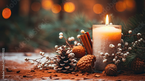 Embracing Christmas Spirit: Natural Candlelight Decoration on Rustic Wood Background.  © HappyTime 17