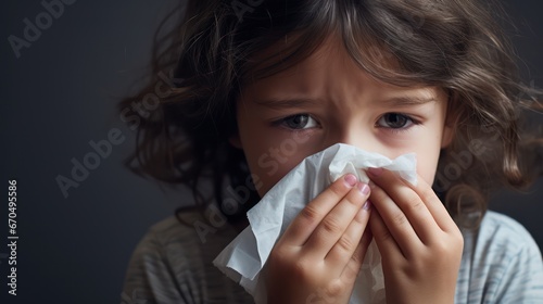 Little girl with a cold and flu blowing her nose in a tissue Generative AI photo