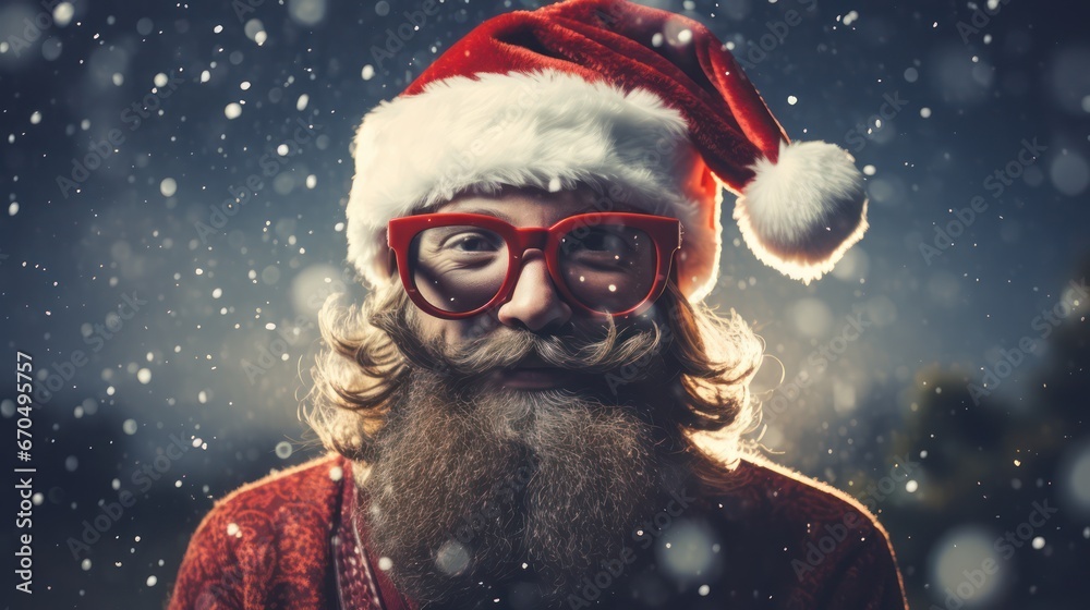 Portrait of Santa Claus with long beard and mustache wearing red glasses on snowy background Generative AI Portrait of Santa Claus with long beard and mustache wearing red glasses on snowy background Generative AI