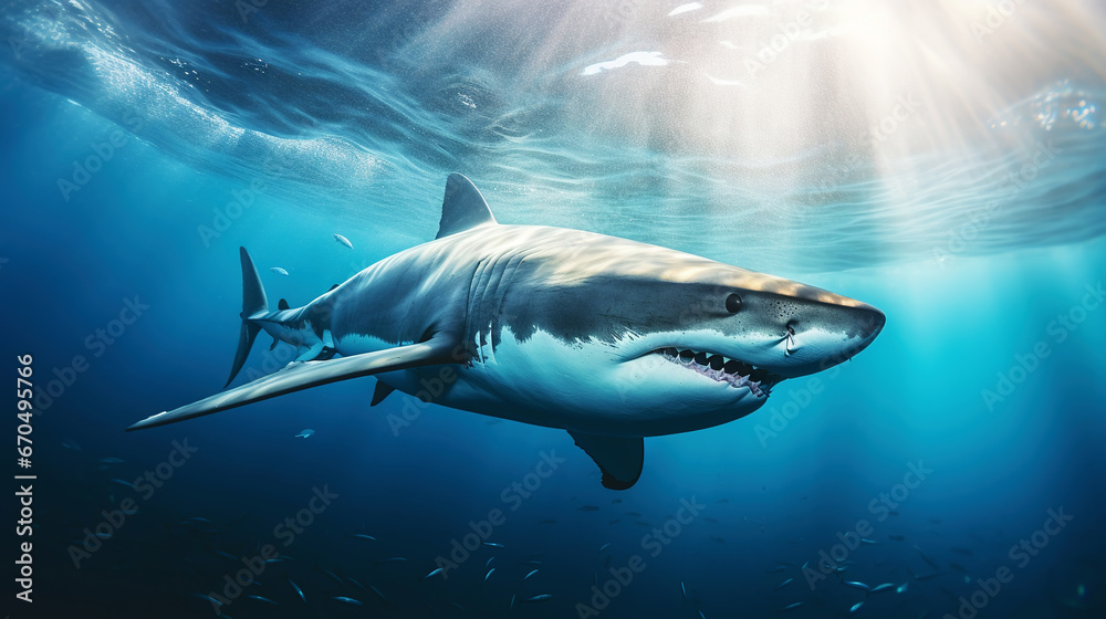 Fototapeta premium Shark swimming under sun rays in the blue ocean waters. Generative AI