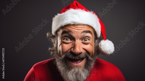 Surprised man with red clothes and christmas hat on a dark background Generative AI