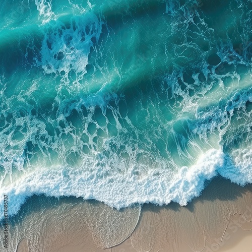 Aerial top view of a breaking wave on a beach in summer. Turquoise water with sea foam crushing on a beach