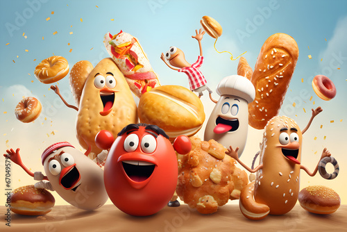 Cute and funny Bread Party, Festival Celebration, cartoon character mascot style. Perfect for food store, small business or e-Commerce, banner promotion. 