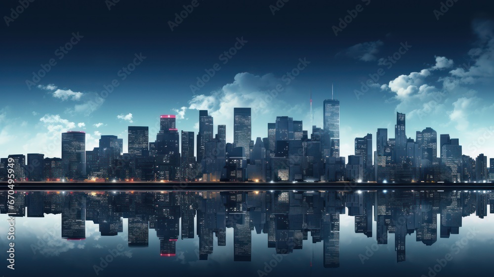 Fototapeta premium Night cityscape with skyscrapers and reflection in the water. Generative AI