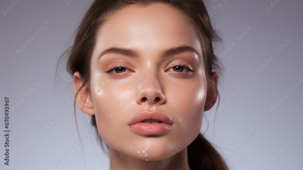 Fototapeta premium Portrait of beautiful young woman with clean fresh skin. Studio shot. Generative AI