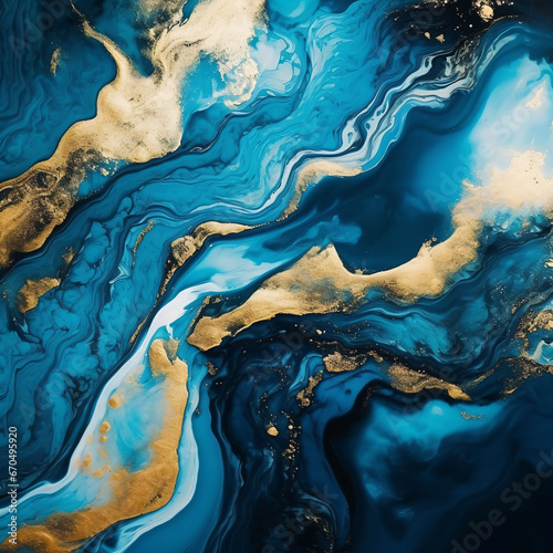 Abstract ocean blue marble. Blue marble texture design, contemporary fluid art painting, Very beautiful blue paint with the addition of gold powder. 