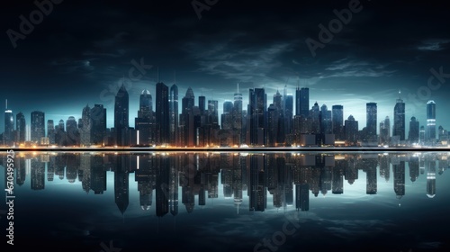Night view of skyscrapers and reflection in water. 3D rendering Generative AI