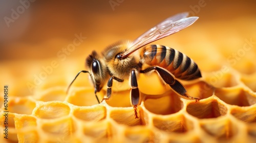 Bee on honeycomb. Close up view of a bee on honeycombs. Generative AI © Alex