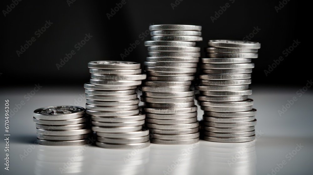 Stacks of silver coins on a dark background, business and finance concept Generative AI Stacks of silver coins on a dark background, business and finance concept Generative AI