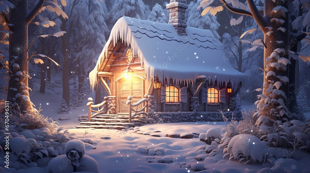 Bungalow secured with ice and snow in winter. Candlelight shining through window - obrazy, fototapety, plakaty 