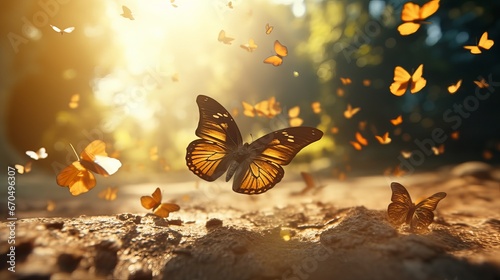 Bunch of butterflies puddling on the ground and flying in nature, Butterflies swarm eats minerals photo
