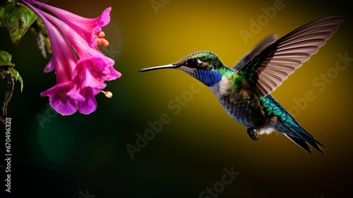 Blue hummingbird Violet Sabrewing flying another to excellent ruddy blossom. Tinny winged creature fly in wilderness. Natural life in tropic Costa Rica. Two winged creature sucking nectar