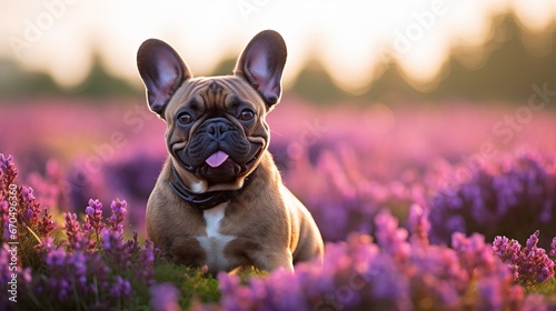 Beat see of lovely little brown French Bulldog canine sitting in a field of purple blossoming heather 'Calluna vulgaris' plants photo