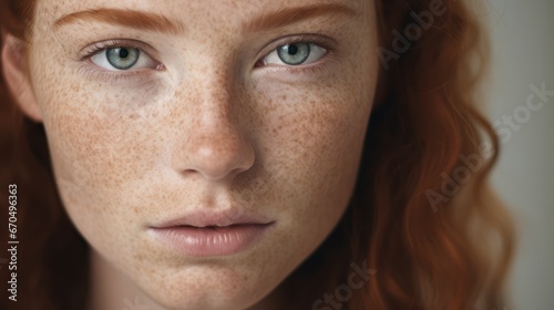Redhead girl with freckles and freckles close up portrait Generative AI © Alex
