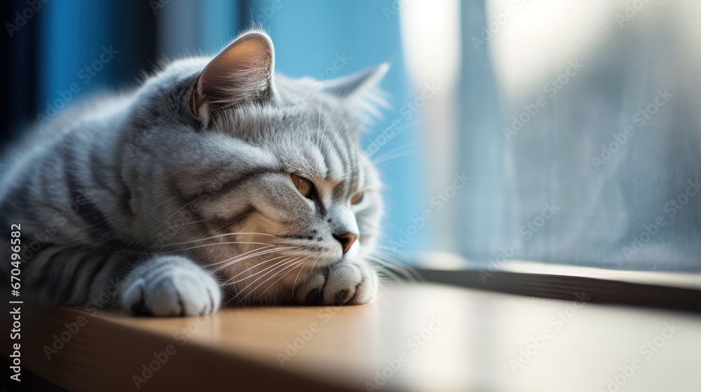 Cute cat lying on the windowsill and looking out the window Generative AI