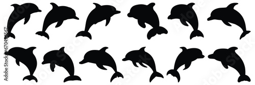 Dolphin silhouettes set, large pack of vector silhouette design, isolated white background