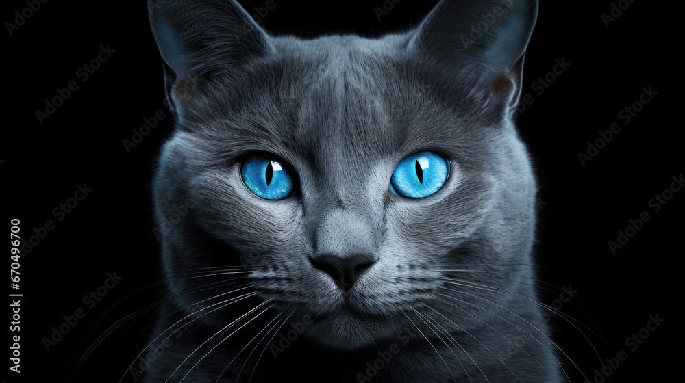 Obraz na płótnie Blue cat with blue eyes on a black background. 3d rendering Generative AI w salonie