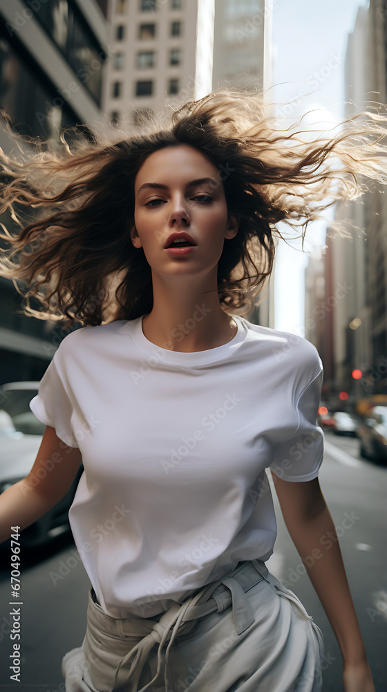 street photography style appareal mockup photo with model in motion in the city wearing a blanc white t-shirt