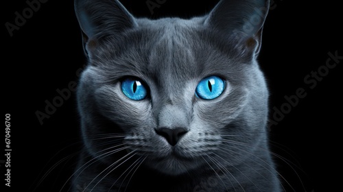 Blue cat with blue eyes on a black background. 3d rendering Generative AI