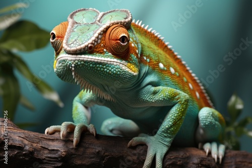 Green chameleon on a branch in wild