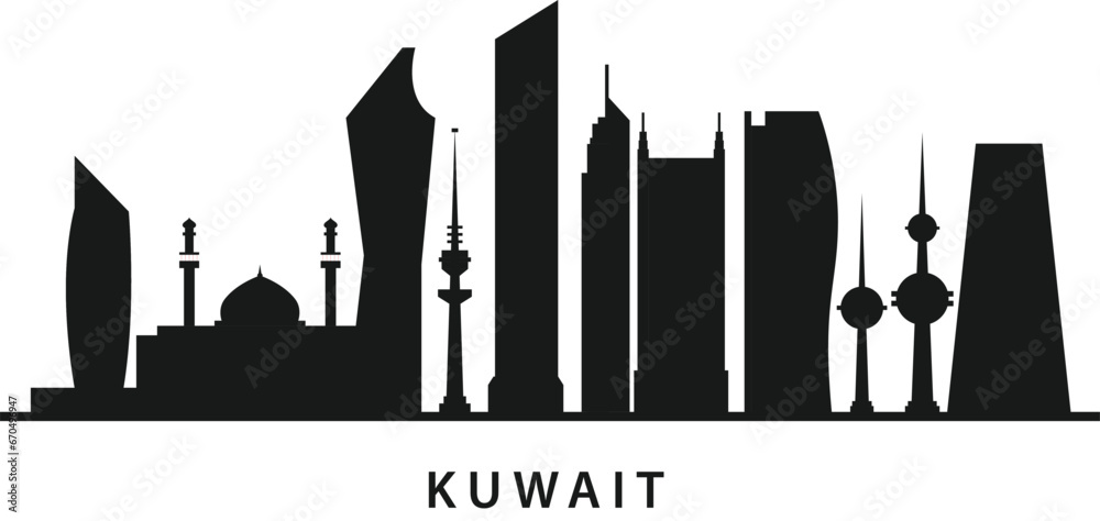 Kuwait city skyline horizontal banner. Black and white silhouette of Kuwait city. Vector template for your design.