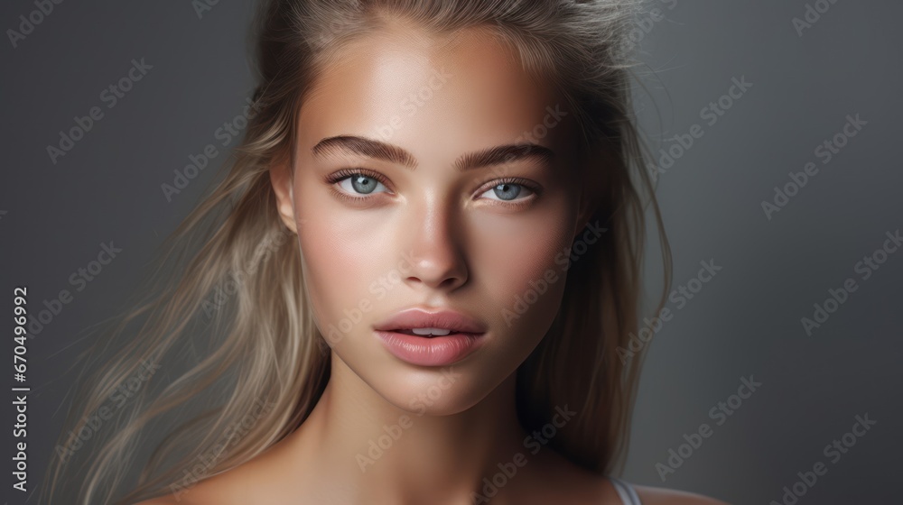 Naklejka premium Beautiful woman face. Portrait of a beautiful young woman with perfect skin and makeup. Generative AI